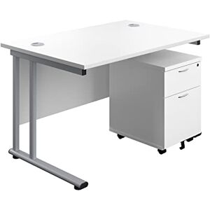 Office Hippo Professional Cantilever Office Desk With 2 Drawer Mobile Pedestal, Wood, White, Silver Frame, 120 x 80 x 73 cm Office Hippo Professional Cantilever Office Desk With 2 Drawer Mobile Pedestal, Wood, White, Silver Frame, 120 x 80 x 73 cm