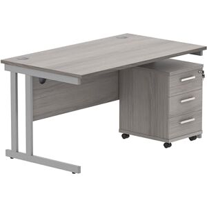Office Hippo Heavy Duty Rectangular PC Office Desk with Storage, 3 Drawer Mobile Pedestal, Silver Frame, Alaskan Grey Oak Top, 140 x 80 x 73 cm Office Hippo Heavy Duty Rectangular PC Office Desk with Storage, 3 Drawer Mobile Pedestal, Silver Frame, Alaskan Grey Oak Top, 140 x 80 x 73 cm