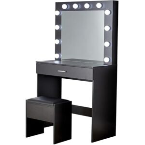 Home Source Dressing Table Set, LED Lights Mirror, 1 Drawer Makeup Table, Padded Stool, Vanity Desk Station, Black Home Source Dressing Table Set, LED Lights Mirror, 1 Drawer Makeup Table, Padded Stool, Vanity Desk Station, Black