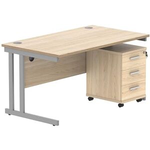 Office Hippo Heavy Duty Rectangular PC Office Desk with Storage, 3 Drawer Mobile Pedestal, Silver Frame, Canadian Oak Top, 140 x 80 x 73 cm Office Hippo Heavy Duty Rectangular PC Office Desk with Storage, 3 Drawer Mobile Pedestal, Silver Frame, Canadian Oak Top, 140 x 80 x 73 cm