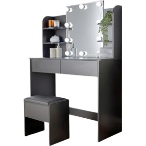 Home Source Black Dressing Table Set with LED Mirror & Padded Stool – 6 Shelves, 2 Drawers Vanity Table with Mirror and Lights, Makeup Desk for Bedroom, Apartments & Student Rooms Home Source Black Dressing Table Set with LED Mirror & Padded Stool – 6 Shelves, 2 Drawers Vanity Table with Mirror and Lights, Makeup Desk for Bedroom, Apartments & Student Rooms