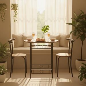 FurnitureR 3-Piece Round Table & Chair Set, Space Saving Kitchen Breakfast Nook Wood Grain Tabletop with Metal Frame and Built-in Wine Rack for Kitchen, Dining Room (Brown/Black) FurnitureR 3-Piece Round Table & Chair Set, Space Saving Kitchen Breakfast Nook Wood Grain Tabletop with Metal Frame and Built-in Wine Rack for Kitchen, Dining Room (Brown/Black)