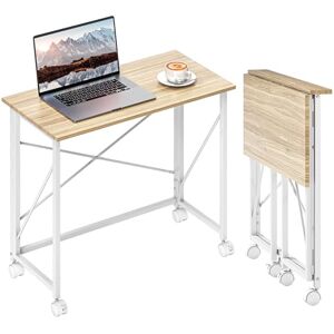 HOMCOM Small Folding Desk, 80 cm Foldable Computer Desk on Wheels for Small Space, Easy Assembly, Space Saving Writing Table for Home Office, Bedroom, Natural Tone HOMCOM Small Folding Desk, 80 cm Foldable Computer Desk on Wheels for Small Space, Easy Assembly, Space Saving Writing Table for Home Office, Bedroom, Natural Tone