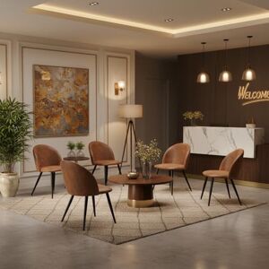 FurnitureR Brown Faux Leather Reception Chair with Upholstered Seat and Black Metal Frame, Modern Guest Seating,4pcs FurnitureR Brown Faux Leather Reception Chair with Upholstered Seat and Black Metal Frame, Modern Guest Seating,4pcs