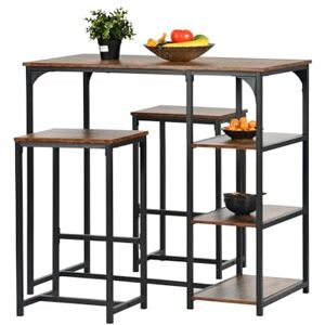 FurnitureR 3-Piece Bar Height Dining Set, Industrial Table with Storage Shelves and 2 Stools, Black Metal Frame with Wood Top FurnitureR 3-Piece Bar Height Dining Set, Industrial Table with Storage Shelves and 2 Stools, Black Metal Frame with Wood Top