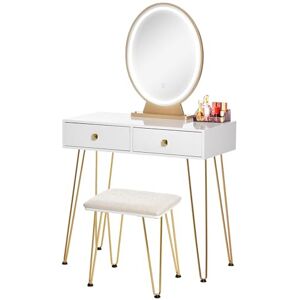 HOMCOM Dressing Table with Mirror and Stool, Vanity Makeup Table with LED Lights, 2 Drawers and Cushioned Seat for Bedroom, White HOMCOM Dressing Table with Mirror and Stool, Vanity Makeup Table with LED Lights, 2 Drawers and Cushioned Seat for Bedroom, White