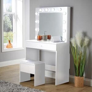 Home Source Dressing Table Set, LED Lights Mirror, 1 Drawer Makeup Table, Padded Stool, Vanity Desk Station, White Home Source Dressing Table Set, LED Lights Mirror, 1 Drawer Makeup Table, Padded Stool, Vanity Desk Station, White