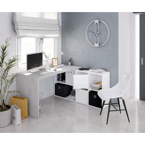 Dmora Desk Vallejo, Multiposition reversible desk, Study or office table for PC with shelf, 136x139h74 cm, White and Cement Dmora Desk Vallejo, Multiposition reversible desk, Study or office table for PC with shelf, 136x139h74 cm, White and Cement