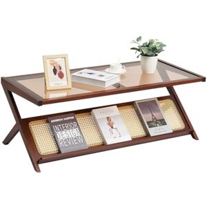 VEVOR Rattan Coffee Table, Z-Shaped Boho Modern Storage Coffee Table with Tempered Glass Top, 47” Walnut Natural Bamboo Legs, 24.41” W x 17.1” H x 43.5” D, for Living Room, Bedroom & Small Spaces VEVOR Rattan Coffee Table, Z-Shaped Boho Modern Storage Coffee Table with Tempered Glass Top, 47” Walnut Natural Bamboo Legs, 24.41” W x 17.1” H x 43.5” D, for Living Room, Bedroom & Small Spaces