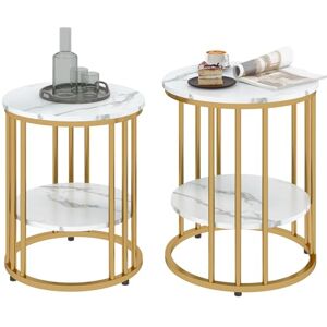 HOMCOM Round Coffee Table Set of 2, Marble-Effect Side Tables with Storage Open Shelf and Steel Frame for Living Room, Bedroom, Gold Tone HOMCOM Round Coffee Table Set of 2, Marble-Effect Side Tables with Storage Open Shelf and Steel Frame for Living Room, Bedroom, Gold Tone