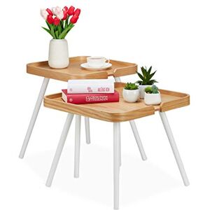 Relaxdays Side Table Set Of 2, Square, Wood, Nightstand, Sofa End Tables With Raised Rim, H 41 & 47.5 cm, Natural/White 10027921 Relaxdays Side Table Set Of 2, Square, Wood, Nightstand, Sofa End Tables With Raised Rim, H 41 & 47.5 cm, Natural/White 10027921