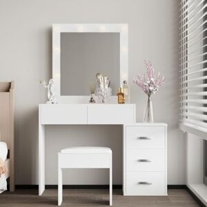 Home Source White Dressing Table Set with LED Mirror & Stool – Compact 5 Drawer Vanity Table with Mirror and Lights, Makeup Desk for Bedroom, Apartments & Student Rooms – Modern Matt White Finish Home Source White Dressing Table Set with LED Mirror & Stool – Compact 5 Drawer Vanity Table with Mirror and Lights, Makeup Desk for Bedroom, Apartments & Student Rooms – Modern Matt White Finish