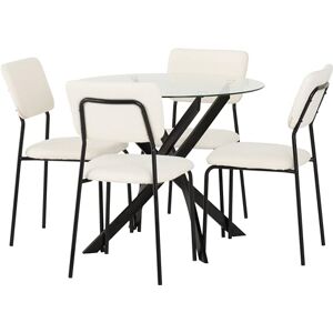 Seconique Sheldon Round Glass Top Dining Set with 4 Dining Chairs in Clear Glass/Black/Ivory Boucle Fabric Seconique Sheldon Round Glass Top Dining Set with 4 Dining Chairs in Clear Glass/Black/Ivory Boucle Fabric
