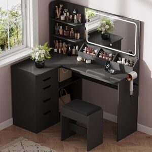 JUMMICO Dressing Table with LED Mirror,Vanity Desk with Stool,Corner Vanity Table with 5 Drawers,Power Outlets and Open Shelves,L-Shaped Modern Furniture (Black) JUMMICO Dressing Table with LED Mirror,Vanity Desk with Stool,Corner Vanity Table with 5 Drawers,Power Outlets and Open Shelves,L-Shaped Modern Furniture (Black)