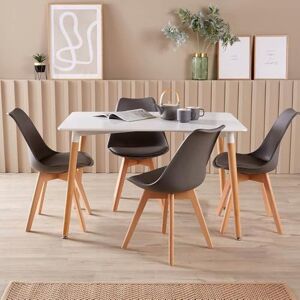 Home Source White Kitchen Dining Table Set 4 Padded Grey Chairs Wooden Legs, 120cm Table Home Source White Kitchen Dining Table Set 4 Padded Grey Chairs Wooden Legs, 120cm Table
