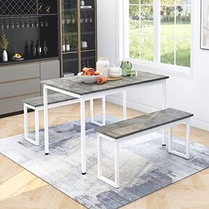 Ball & Cast 4-Person Dining Table Set with 2 Benches, Space-Saving Wood Dinette Set for Kitchen/Patio, 114cmL Industrial Style Small Dining Table & Stool Seating, Breakfast Nook Set, Grey+White Ball & Cast 4-Person Dining Table Set with 2 Benches, Space-Saving Wood Dinette Set for Kitchen/Patio, 114cmL Industrial Style Small Dining Table & Stool Seating, Breakfast Nook Set, Grey+White