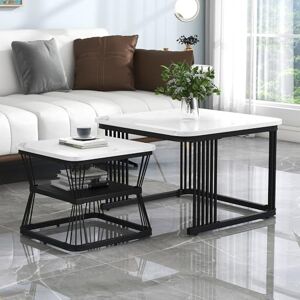 FurnitureR Set of 2 Tables Square Coffee Table with Black Metal Frame Legs and Marble Pattern White Top for Living Room Home FurnitureR Set of 2 Tables Square Coffee Table with Black Metal Frame Legs and Marble Pattern White Top for Living Room Home