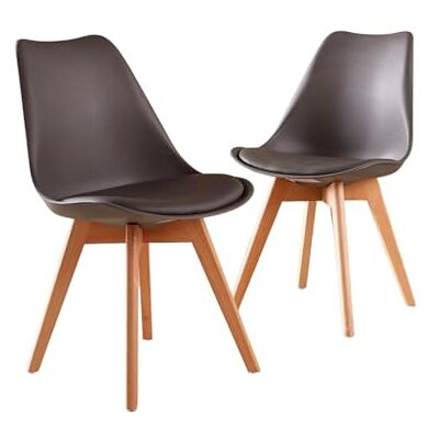 Home Source Pair of 2 Dining Chairs, Plastic Tulip Kitchen Diner Set, Padded Faux Leather Seat, Solid Wood Legs, Grey Home Source Pair of 2 Dining Chairs, Plastic Tulip Kitchen Diner Set, Padded Faux Leather Seat, Solid Wood Legs, Grey