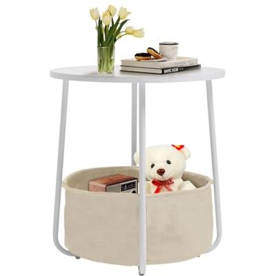 HOMYLIN End Table with Storage, Round Side Table with Fabric Basket, Modern Nightstand for Living Room, Bedroom, Office, Reception Area, White HOMYLIN End Table with Storage, Round Side Table with Fabric Basket, Modern Nightstand for Living Room, Bedroom, Office, Reception Area, White