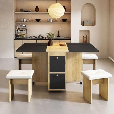Merax Extendable Dining Table Set with 4 Chairs, Folding Dining Table with Drop Leaf Design, Multifunctional Space-Saving Set, White, Oak and Black, 120 x 80 x 75 cm Merax Extendable Dining Table Set with 4 Chairs, Folding Dining Table with Drop Leaf Design, Multifunctional Space-Saving Set, White, Oak and Black, 120 x 80 x 75 cm