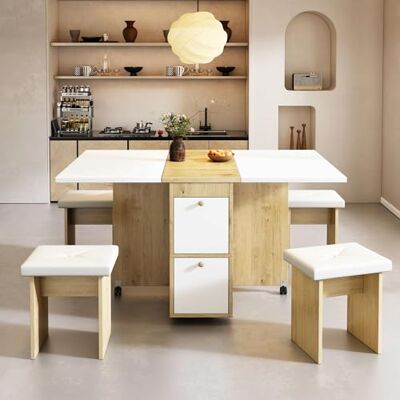 Merax Extendable Dining Table Set with 4 Chairs, Folding Dining Table with Drop Leaf Design, Multifunctional Space-Saving Set, White and Oak, 120 x 80 x 75 cm Merax Extendable Dining Table Set with 4 Chairs, Folding Dining Table with Drop Leaf Design, Multifunctional Space-Saving Set, White and Oak, 120 x 80 x 75 cm