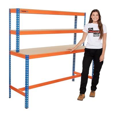 The Workplace Depot Large Garage Workbench, Workbench Only, Heavy Duty Large Garage Workbench, Heavy Duty 400kg UDL Blue/Orange Workstation with MDF Shelves (Workbench Only). The Workplace Depot Large Garage Workbench, Workbench Only, Heavy Duty Large Garage Workbench, Heavy Duty 400kg UDL Blue/Orange Workstation with MDF Shelves (Workbench Only).