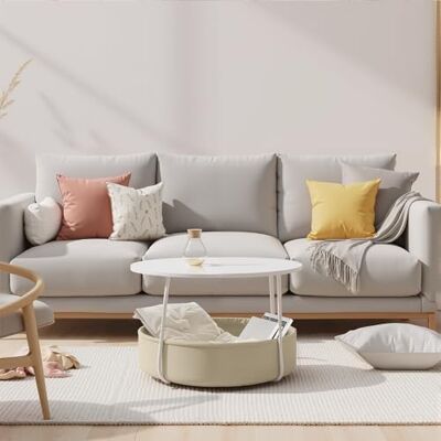 FurnitureR Modern Round End Table, 75 cm White Top with Beige Storage Basket, Round Center Table for Living Room Metal Frame, D75xH45.5cm FurnitureR Modern Round End Table, 75 cm White Top with Beige Storage Basket, Round Center Table for Living Room Metal Frame, D75xH45.5cm