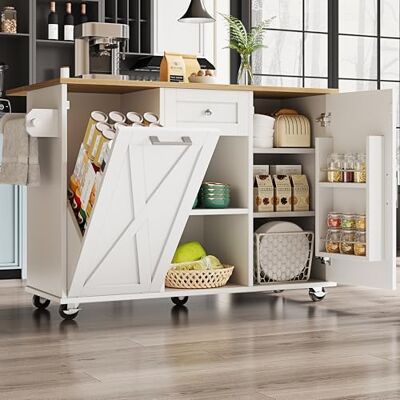 Ball & Cast Kitchen Island with Storage, Rolling Kitchen Trolley with Foldable Tabletop, Multifunctional Dining Table with Shelves, Serving Cart on Wheels, White (Dustbin Not Included) Ball & Cast Kitchen Island with Storage, Rolling Kitchen Trolley with Foldable Tabletop, Multifunctional Dining Table with Shelves, Serving Cart on Wheels, White (Dustbin Not Included)