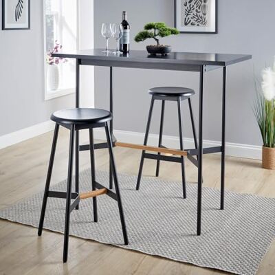 Home Source Dining Kitchen Breakfast Bar Table and Chair Set, Black Metal and Oak Veneer, 2 Stools Home Source Dining Kitchen Breakfast Bar Table and Chair Set, Black Metal and Oak Veneer, 2 Stools