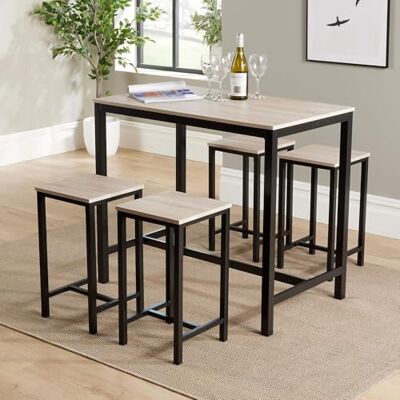 Home Source Kitchen Dining Breakfast Bar Set, Wooden Table Top, Black Metal Frame, Light Oak Effect, 4 Barstools Home Source Kitchen Dining Breakfast Bar Set, Wooden Table Top, Black Metal Frame, Light Oak Effect, 4 Barstools