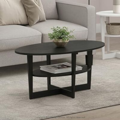 Furinno JAYA 2-Tier Round Coffee Table, Small Black Coffee Table with Storage Shelf, Oval Center Table for Living Room, Bedroom, Home Office, Black Walnut Furinno JAYA 2-Tier Round Coffee Table, Small Black Coffee Table with Storage Shelf, Oval Center Table for Living Room, Bedroom, Home Office, Black Walnut
