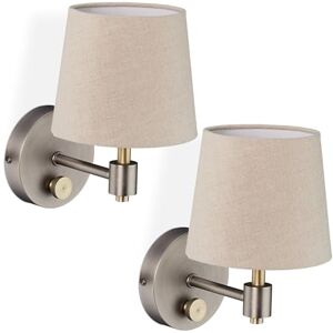 Relaxdays Wall Light, Set of 2, Dimmable, with Switch, Fabric Lampshade, Vintage Sconce, E14, 23x15x21 cm, Beige/Silver Relaxdays Wall Light, Set of 2, Dimmable, with Switch, Fabric Lampshade, Vintage Sconce, E14, 23x15x21 cm, Beige/Silver