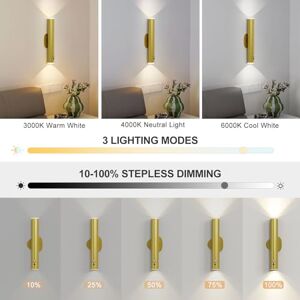 HARPER LIVING Gold Battery Operated Wall Lights with Motion Sensor, Rechargeable Wall Lamp Indoor, Dimmable & 3 Colours, LED Wall Sconce Lights for Living Room Bedroom Hallway Power Cut, (Set of 2) HARPER LIVING Gold Battery Operated Wall Lights with Motion Sensor, Rechargeable Wall Lamp Indoor, Dimmable & 3 Colours, LED Wall Sconce Lights for Living Room Bedroom Hallway Power Cut, (Set of 2)