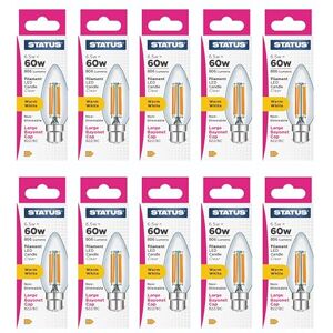 Status 6.5w = 60w = 806 lumens Filament LED Candle BC Clear Warm White 1 pk Box in White CDU Status 6.5w = 60w = 806 lumens Filament LED Candle BC Clear Warm White 1 pk Box in White CDU
