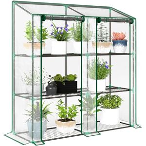 Outsunny 3 Tier Lean-to Mini Greenhouse with Reinforced Plastic Cover, Portable Indoor Outdoor Green House with 2 Roll-up Doors and 6 Wire Shelves, 151H x 143W x 46Dcm, Clear Outsunny 3 Tier Lean-to Mini Greenhouse with Reinforced Plastic Cover, Portable Indoor Outdoor Green House with 2 Roll-up Doors and 6 Wire Shelves, 151H x 143W x 46Dcm, Clear