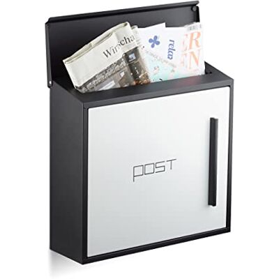 Relaxdays Modern White Letterbox in 2-Colour Design, DIN-A4 Slot, Steel, Large, HxWxD: 33 x 35 x 12.5 cm, Black-White Relaxdays Modern White Letterbox in 2-Colour Design, DIN-A4 Slot, Steel, Large, HxWxD: 33 x 35 x 12.5 cm, Black-White