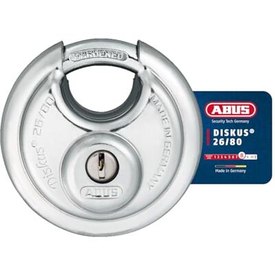 ABUS Diskus® Padlock 26/80 with 360° All-round Protection Drilling and Pull-protected Cylinder weather resistant and anti corrosion- for sheds, gates, garage, gym Security Level 8 Silver ABUS Diskus® Padlock 26/80 with 360° All-round Protection Drilling and Pull-protected Cylinder weather resistant and anti corrosion- for sheds, gates, garage, gym Security Level 8 Silver