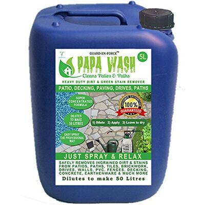 GUARD-EN-FORCE PAPA WASH PATH and PATIO CLEANER 5 Litres Super Concentrated Liquid Green Cleaner For All Hard Surfaces. Decking, Paving, Brickwork, PVC, Greenhouses, etc. Just Spray on and Relax GUARD-EN-FORCE PAPA WASH PATH and PATIO CLEANER 5 Litres Super Concentrated Liquid Green Cleaner For All Hard Surfaces. Decking, Paving, Brickwork, PVC, Greenhouses, etc. Just Spray on and Relax