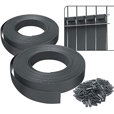 VOUNOT PVC Privacy Strips Garden Privacy Fence Screen 150m x 4.7cm Double Rod Mats with 300 Clips for Deck, Patio, Balcony, Grey VOUNOT PVC Privacy Strips Garden Privacy Fence Screen 150m x 4.7cm Double Rod Mats with 300 Clips for Deck, Patio, Balcony, Grey