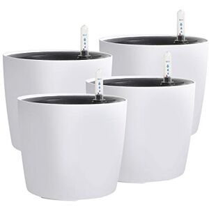 KINJOEK 4 Packs 7 Inch Self Watering Planter with Water Level Indicator, Modern Garden Decorative White Flower Pot for House Plants, Flowers, African Violets, Succulents, White KINJOEK 4 Packs 7 Inch Self Watering Planter with Water Level Indicator, Modern Garden Decorative White Flower Pot for House Plants, Flowers, African Violets, Succulents, White