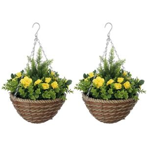 Outsunny Pack of 2 Faux Plant Artificial Lisianthus Flowers Hanging Planter with Basket for Indoor Decoration, Yellow Outsunny Pack of 2 Faux Plant Artificial Lisianthus Flowers Hanging Planter with Basket for Indoor Decoration, Yellow