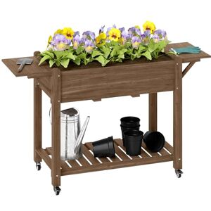 Outsunny Raised Garden Bed, Wooden Elevated Planter Box with Lockable Wheels, Side Tables and Bottom Shelf, Outdoor Planter with Liner and Drainage Holes for Vegetables, Flowers, Fruits, Carbonised Outsunny Raised Garden Bed, Wooden Elevated Planter Box with Lockable Wheels, Side Tables and Bottom Shelf, Outdoor Planter with Liner and Drainage Holes for Vegetables, Flowers, Fruits, Carbonised