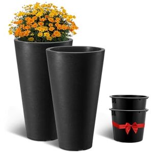 VEVOR Set of 2 Tall Planter For Outdoor Indoor Plants 24inch, Black Round Large Planters For Front Porch, Patio, Tall Taper Flower Tree Plant Pots with Modern Design and Built-in Drainage VEVOR Set of 2 Tall Planter For Outdoor Indoor Plants 24inch, Black Round Large Planters For Front Porch, Patio, Tall Taper Flower Tree Plant Pots with Modern Design and Built-in Drainage