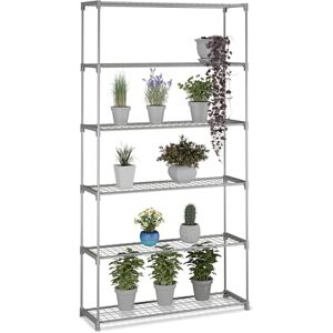 Relaxdays plant stand, HxWxD: 174 x 91 x 28 cm, 6 tiers, easy assembly, metal & plastic, greenhouse shelving, grey Relaxdays plant stand, HxWxD: 174 x 91 x 28 cm, 6 tiers, easy assembly, metal & plastic, greenhouse shelving, grey