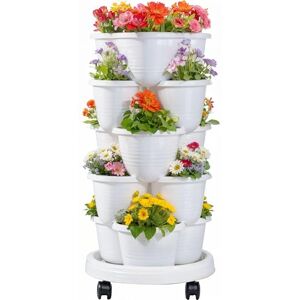 VECELO 5 Tier Vertical Garden Planter, Self Watering Stackable Planters with Wheels for Strawberries, Herbs, Flowers, Vegetables, White VECELO 5 Tier Vertical Garden Planter, Self Watering Stackable Planters with Wheels for Strawberries, Herbs, Flowers, Vegetables, White