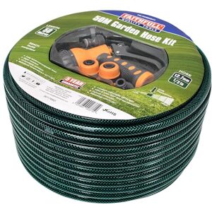 Faithfull 50M (164ft) Reinforced Hose Kit – PVC Garden Hose Pipe with 3 Fittings & Multipattern Spray Gun Faithfull 50M (164ft) Reinforced Hose Kit – PVC Garden Hose Pipe with 3 Fittings & Multipattern Spray Gun