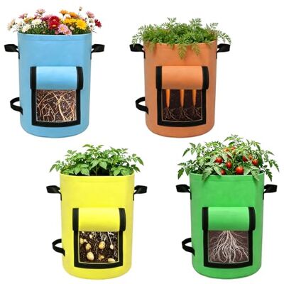 KANGBES 4Pcs Potato Grow Bags, 10 Gallon Colorful Plant Bags with Flap Window, Heavy Duty Non-Woven Fabric Planters with Handles, Breathable Tomato Vegetable Flowers Grow Bags for Patio Garden KANGBES 4Pcs Potato Grow Bags, 10 Gallon Colorful Plant Bags with Flap Window, Heavy Duty Non-Woven Fabric Planters with Handles, Breathable Tomato Vegetable Flowers Grow Bags for Patio Garden