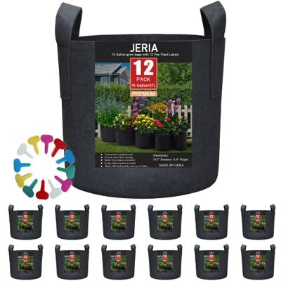 JERIA 12-Pack 15 Gallon, Vegetable/Flower/Plant Grow Bags, Aeration Fabric Pots with Handles (Black), Come with 12 Pcs Plant Labels JERIA 12-Pack 15 Gallon, Vegetable/Flower/Plant Grow Bags, Aeration Fabric Pots with Handles (Black), Come with 12 Pcs Plant Labels