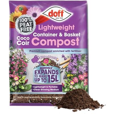 Doff Lightweight Container & Basket Compost – Expands 15L Peat-Free Plant Feed & Garden Fertiliser – Coco Coir Compost Enriched with Fertiliser – Indoor & Outdoor Plants Doff Lightweight Container & Basket Compost – Expands 15L Peat-Free Plant Feed & Garden Fertiliser – Coco Coir Compost Enriched with Fertiliser – Indoor & Outdoor Plants