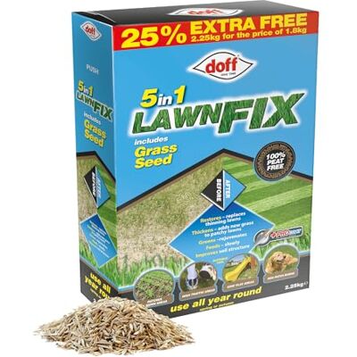 Doff 5 in 1 Lawn Fix & Grass Seed – 2.25kg Procoat Lawn Treatment for Gardens – Slow Release Fertiliser & Coated Seed to Restore & Thickens Green Grass Year-Round Growth & Bird-Resistant Doff 5 in 1 Lawn Fix & Grass Seed – 2.25kg Procoat Lawn Treatment for Gardens – Slow Release Fertiliser & Coated Seed to Restore & Thickens Green Grass Year-Round Growth & Bird-Resistant